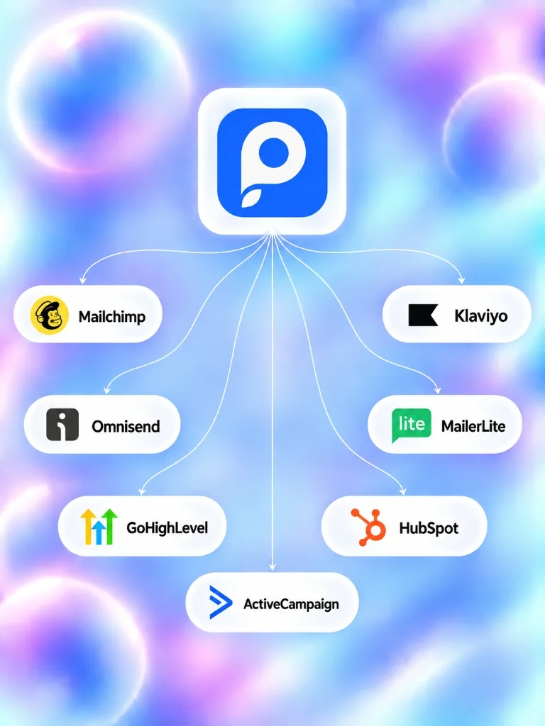 QuizyPilot Integration diagram connecting QuizyPilot to Mailchimp, Klaviyo, Omnisend, MailerLite, GoHighLevel, HubSpot, ActiveCampaign