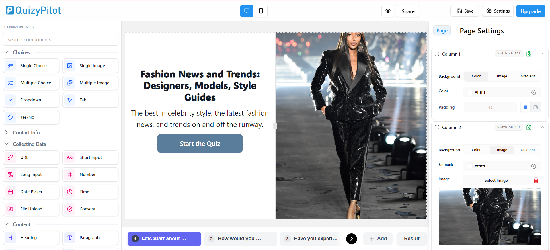 QuizyPilot editor — building a product recommendation quiz